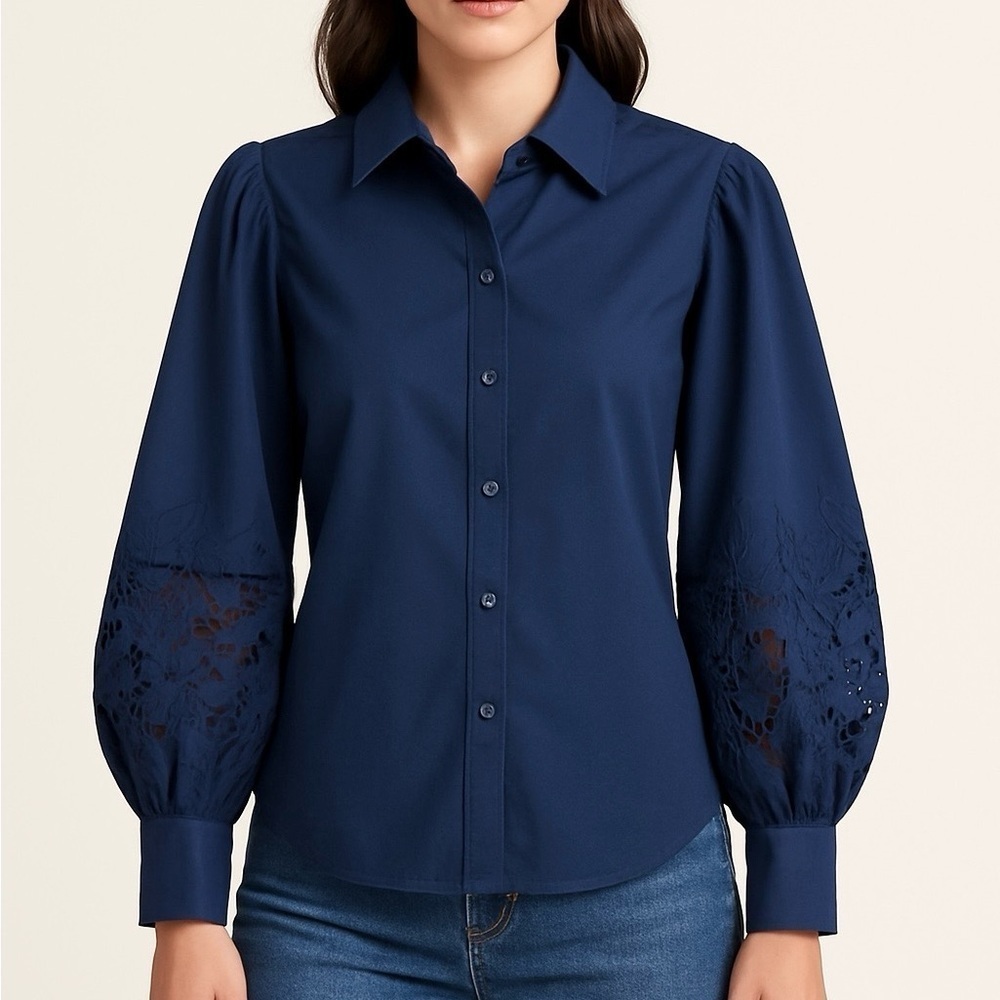 Kate Spade Navy Puff Sleeve Embroidered Eyelet Button Down Blouse Size 6
